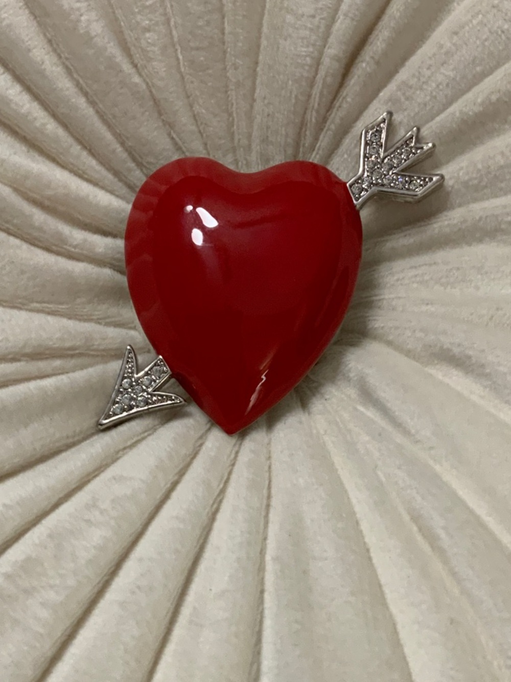 Bob Mackie Red Heart Arrow Pin with Rhinestone Arrowheads